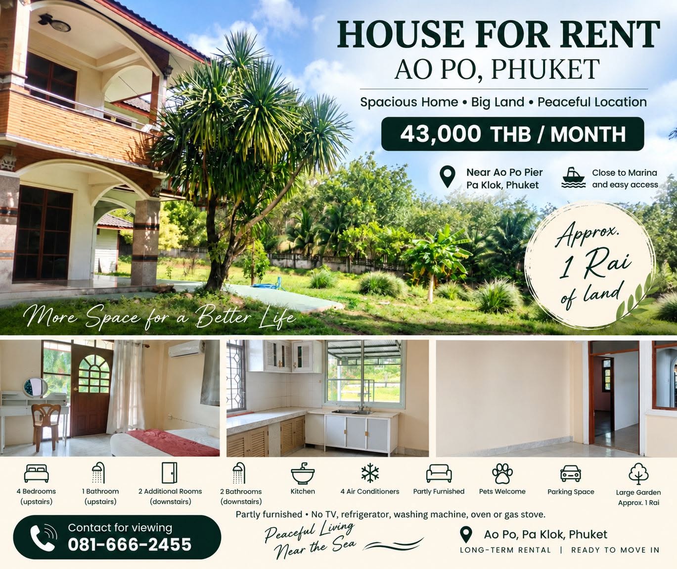 House for Rent with 1 Rai of Land in Ao Po, Near the Pier